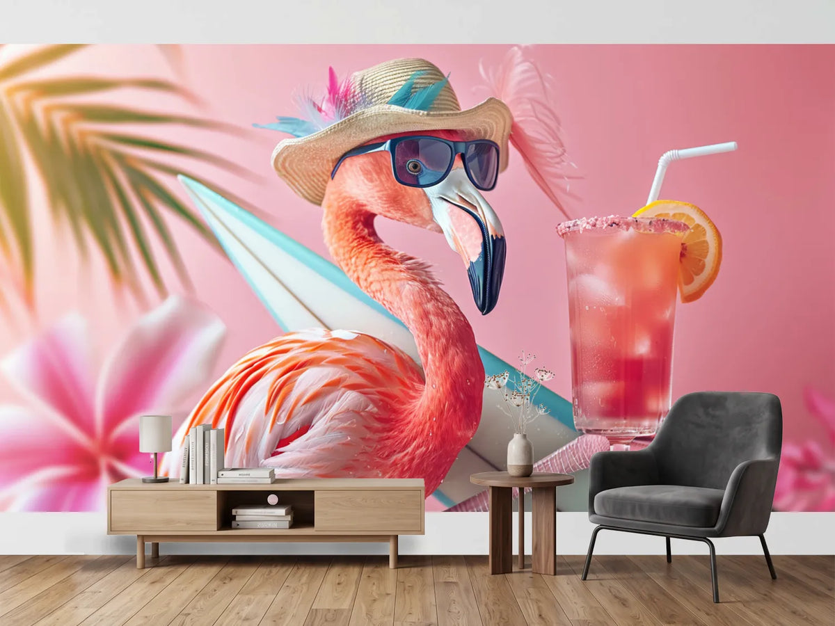 photo-wallpaper-flamingo-in-a-sun-hat-and-sunglasses-beside-a-cool-drink-in-pink