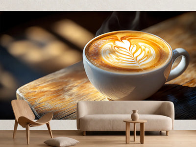 photo-wallpaper-a-steaming-cup-of-coffee-with-latte-art-on-a-wooden-table-in-a-cafe