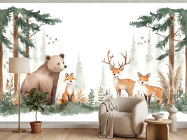 photo-wallpaper-bear-fox-and-deer-in-a-pine-forest-painted-in-soft-watercolour
