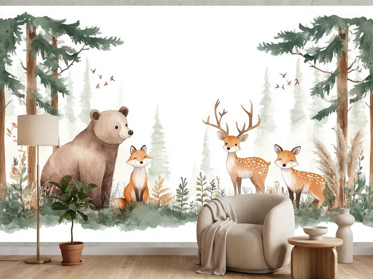 photo-wallpaper-bear-fox-and-deer-in-a-pine-forest-painted-in-soft-watercolour