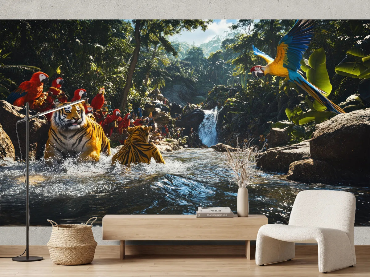 photo-wallpaper-tigers-and-macaws-in-a-jungle-waterfall