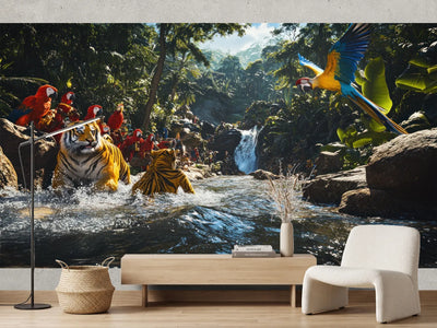 photo-wallpaper-tigers-and-macaws-in-a-jungle-waterfall