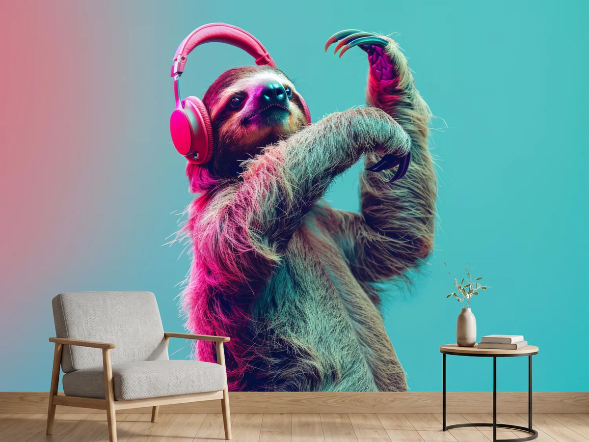 photo-wallpaper-dancing-sloth-with-pink-headphones-in-neon-light
