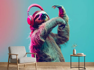 photo-wallpaper-dancing-sloth-with-pink-headphones-in-neon-light