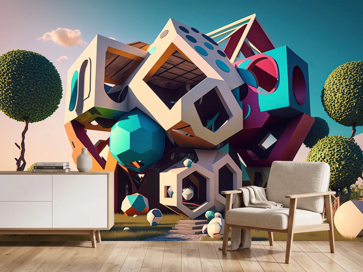photo-wallpaper-stacked-cube-villa-in-turquoise-and-berry-on-a-green-meadow