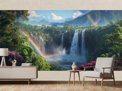 photo-wallpaper-tropical-waterfall-with-a-rainbow-over-blossoming-jungle