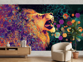 photo-wallpaper-roaring-lion-in-profile-among-glowing-hexagons