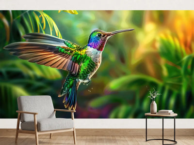photo-wallpaper-flying-hummingbird-with-green-forest-in-background-small-colorful-bird-in-flight