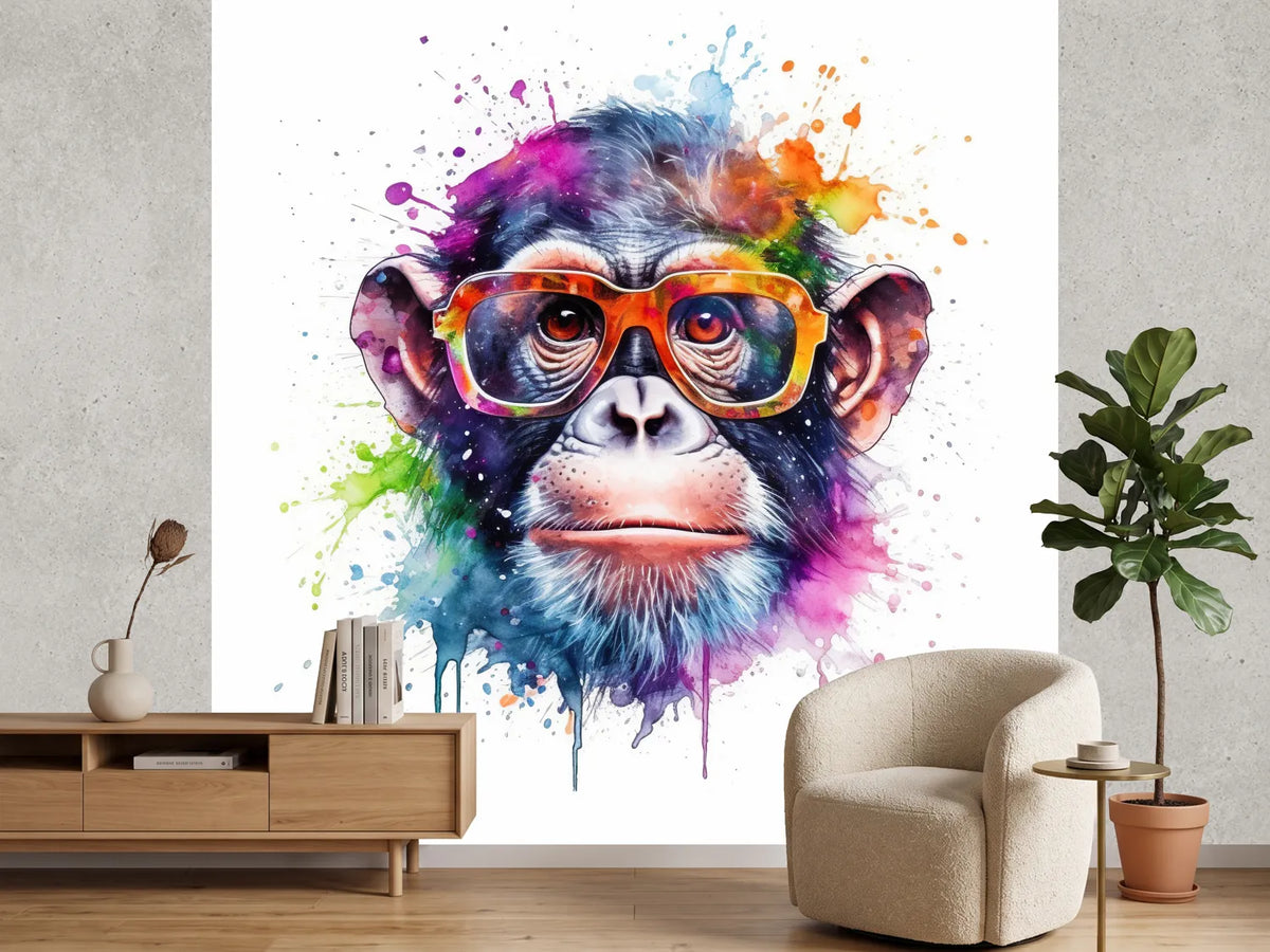photo-wallpaper-chimpanzee-in-glasses-amid-colourful-watercolour-splashes