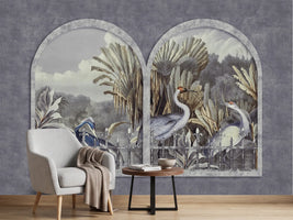 photo-wallpaper-elegant-cranes-tropical-garden