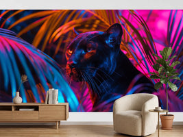 photo-wallpaper-black-panther-on-a-background-of-neon-tropical-leaves