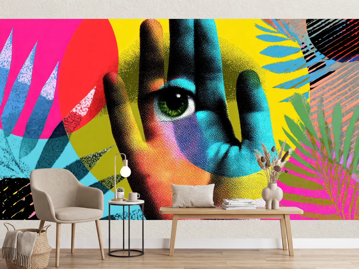 photo-wallpaper-green-eye-in-an-open-palm-amid-neon-pop-art-shapes