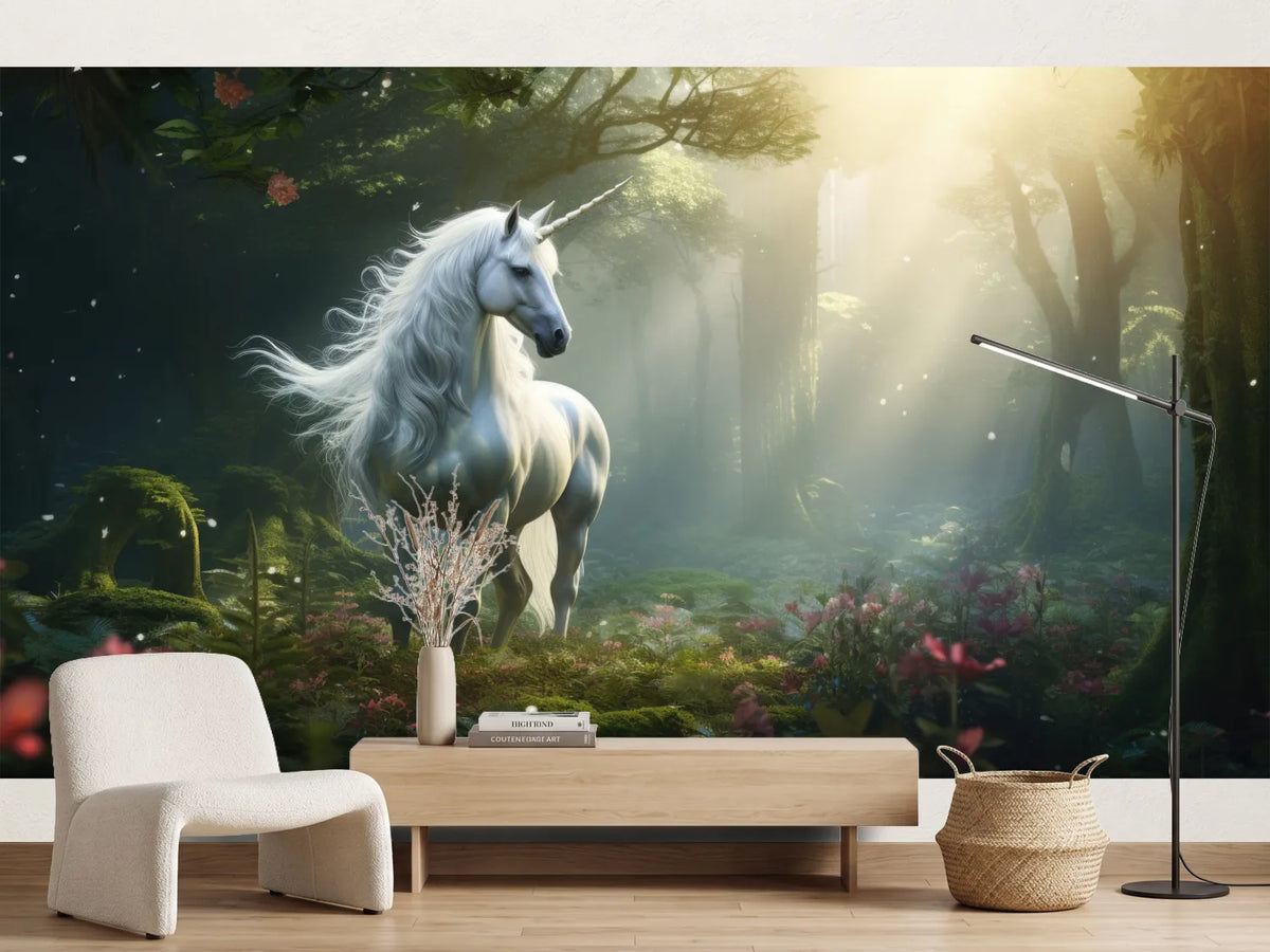 photo-wallpaper-white-unicorn-in-a-mossy-forest-with-sunbeams-and-pink-blossoms