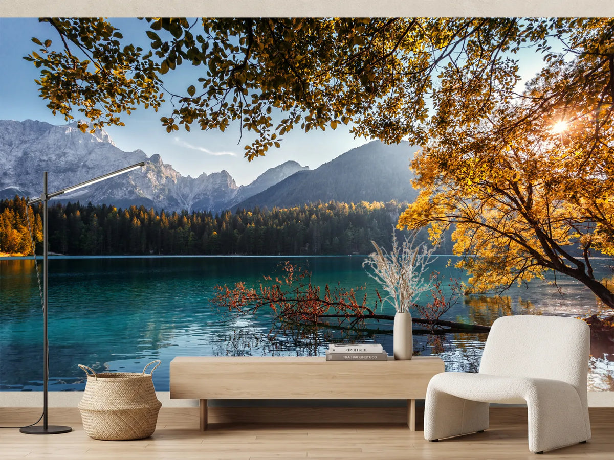 photo-wallpaper-turquoise-mountain-lake-in-autumn-foliage-backlight-over-the-peaks