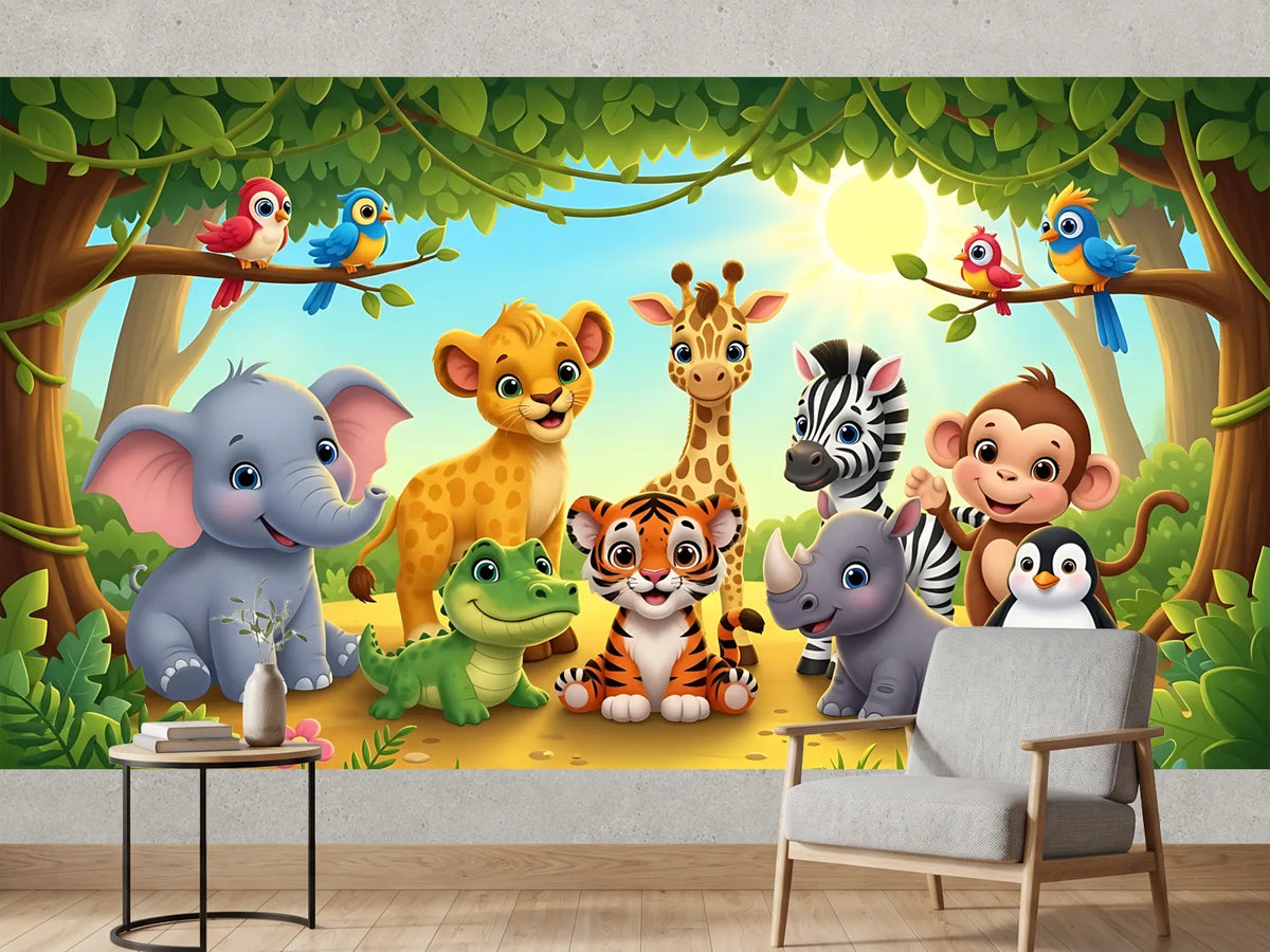 photo-wallpaper-cheerful-baby-jungle-animals-in-bright-sunshine-colourful-cartoon-style