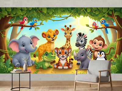 photo-wallpaper-cheerful-baby-jungle-animals-in-bright-sunshine-colourful-cartoon-style