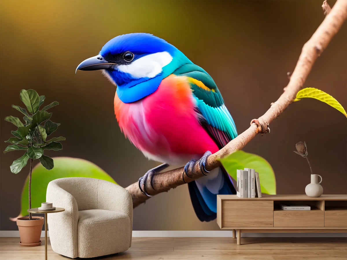 photo-wallpaper-vividly-coloured-songbird-perched-on-a-twig-in-warm-light