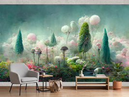 photo-wallpaper-dreamlike-misty-garden-with-drifting-blossoms-and-teal-tree-cones