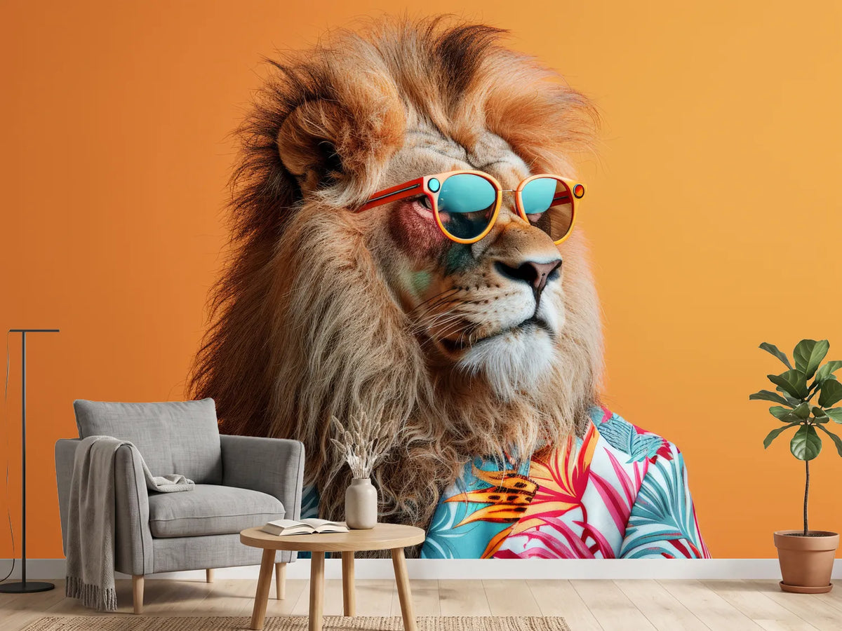 photo-wallpaper-lion-in-sunglasses-and-a-floral-shirt-against-orange