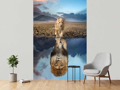 photo-wallpaper-lion-cub-looking-the-reflection-of-an-adult-lion-in-the-water