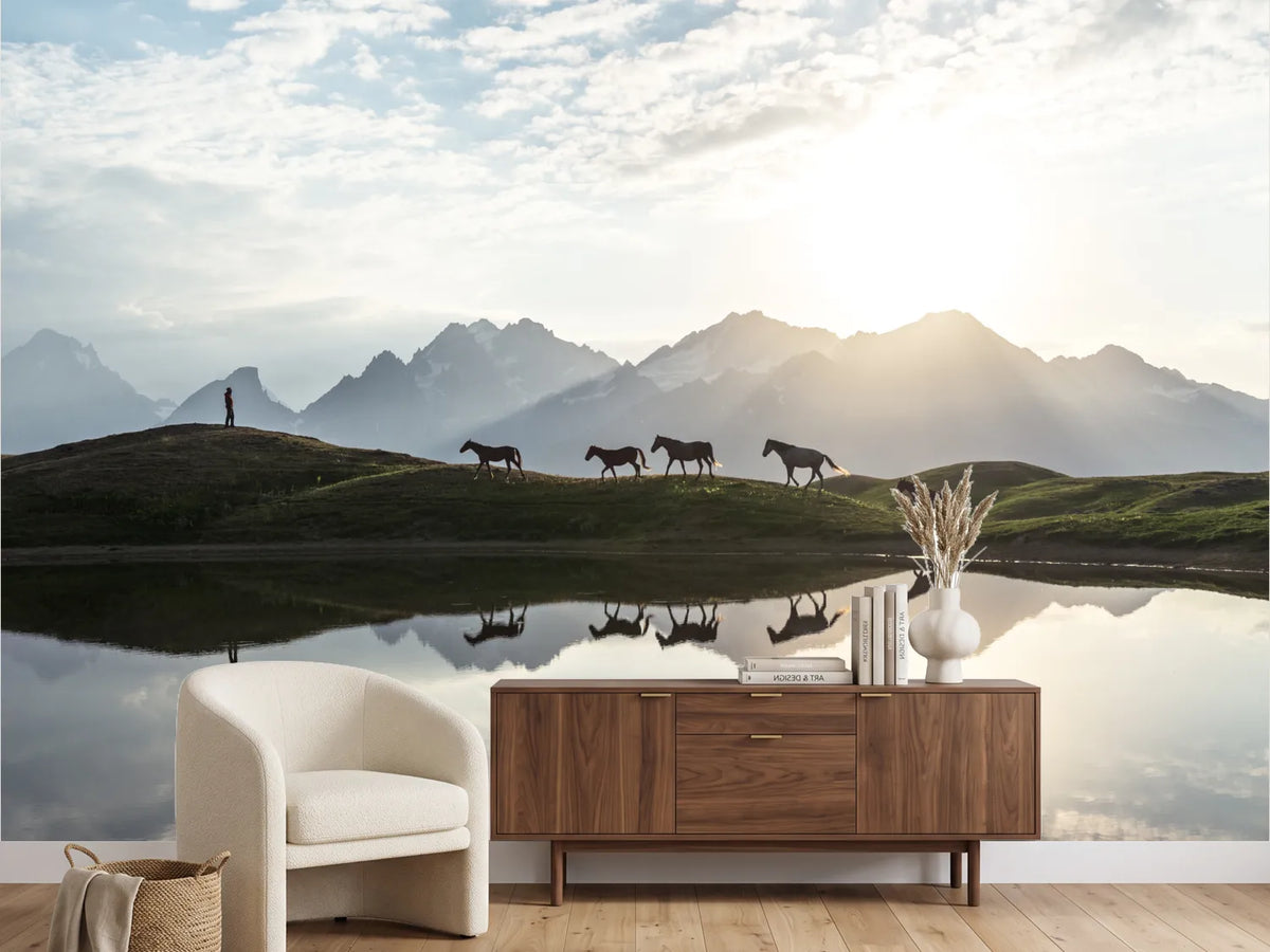 photo-wallpaper-horses-mountain-lake-reflection