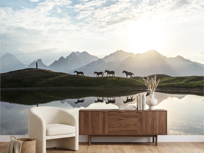 photo-wallpaper-horses-mountain-lake-reflection