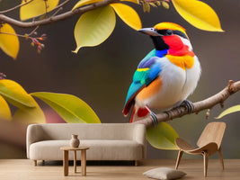 photo-wallpaper-brightly-coloured-bird-on-a-branch-among-yellow-leaves