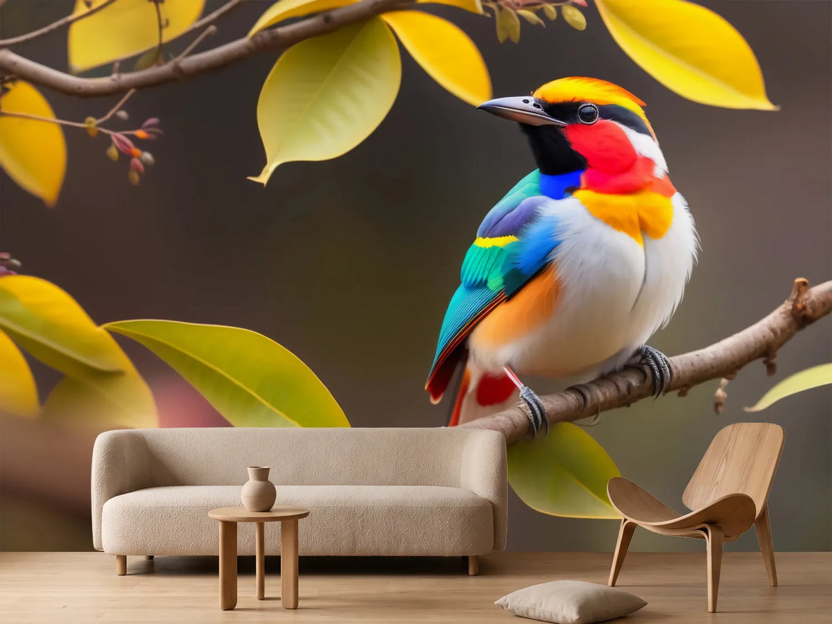 photo-wallpaper-brightly-coloured-bird-on-a-branch-among-yellow-leaves