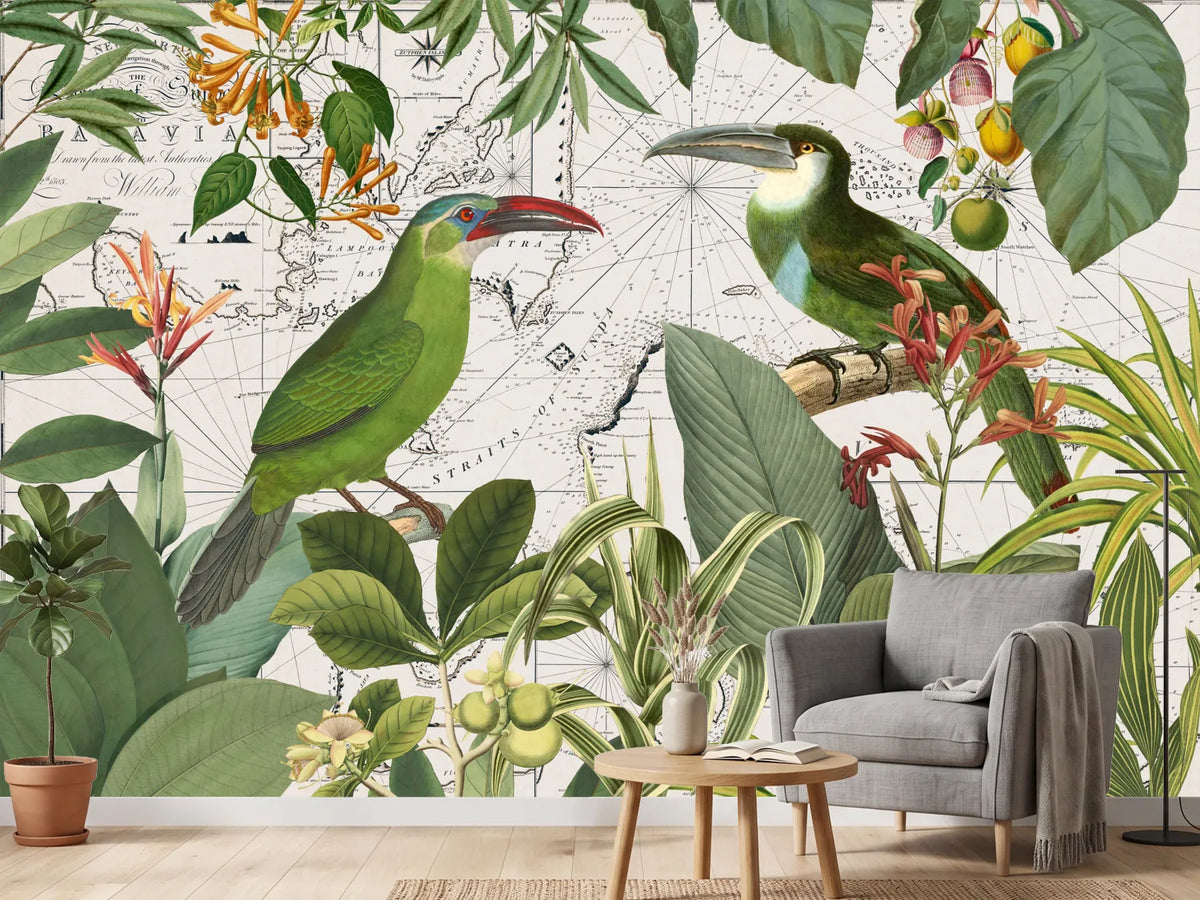 photo-wallpaper-tropical-birds-vintage-map