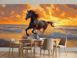 photo-wallpaper-black-horse-galloping-through-the-surf-in-golden-evening-light