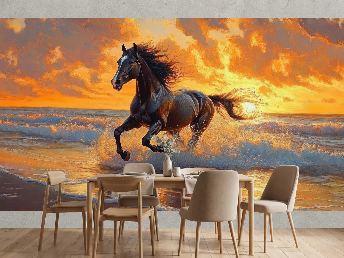 photo-wallpaper-black-horse-galloping-through-the-surf-in-golden-evening-light