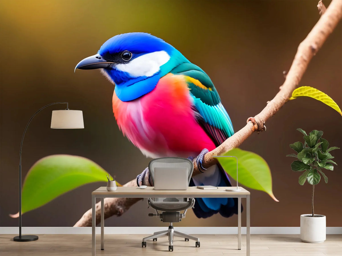 photo-wallpaper-vividly-coloured-songbird-perched-on-a-twig-in-warm-light