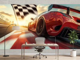 photo-wallpaper-red-race-car-sweeping-past-the-chequered-flag-in-low-evening-sun