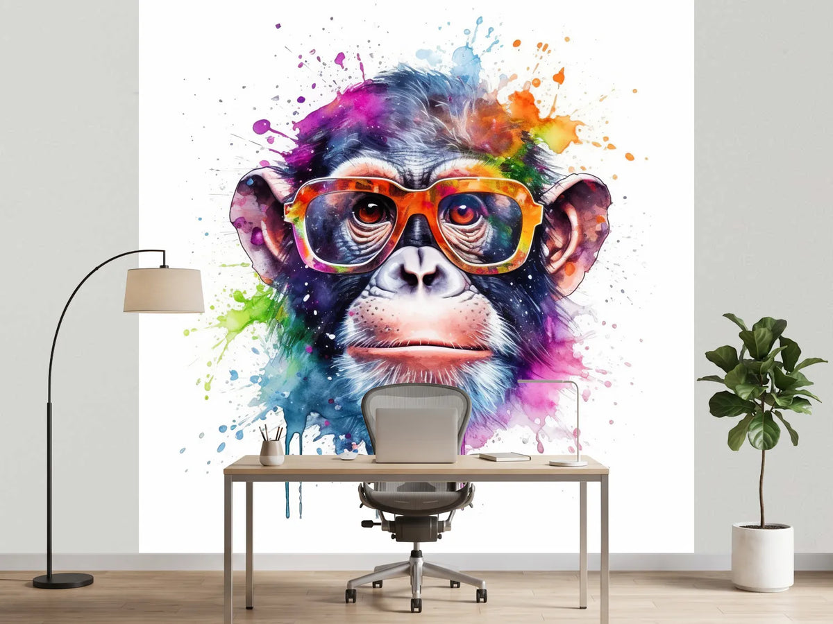 photo-wallpaper-chimpanzee-in-glasses-amid-colourful-watercolour-splashes