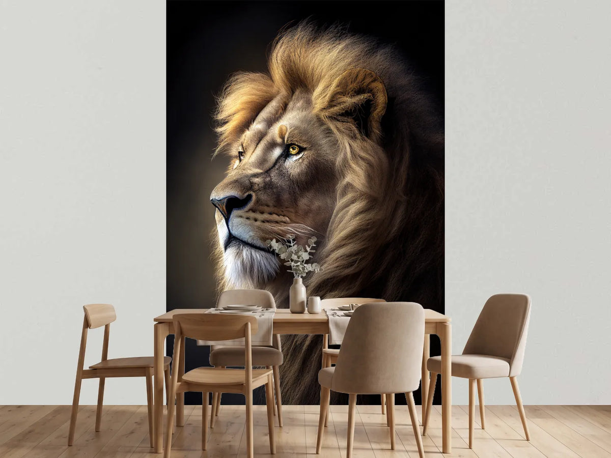 photo-wallpaper-lion-in-profile-with-golden-mane-against-deep-darkness