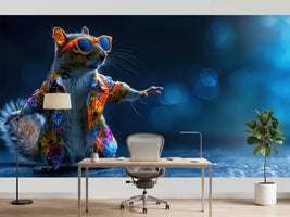 photo-wallpaper-dancing-squirrel-in-a-floral-shirt-and-orange-sunglasses-on-deep-blue