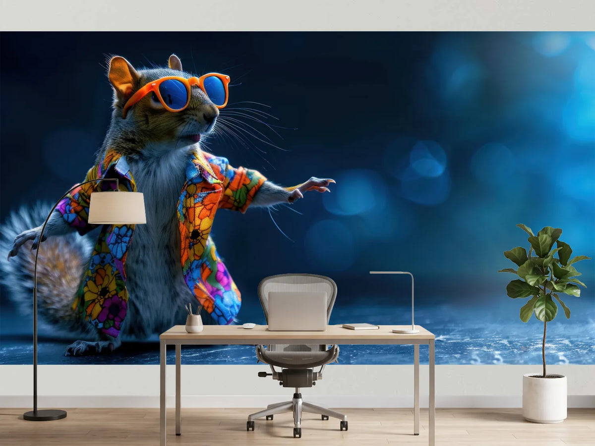 photo-wallpaper-dancing-squirrel-in-a-floral-shirt-and-orange-sunglasses-on-deep-blue