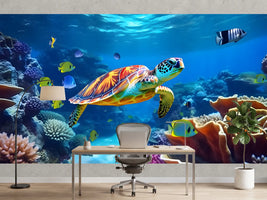 photo-wallpaper-sea-turtle-gliding-over-a-coral-reef-in-turquoise-light