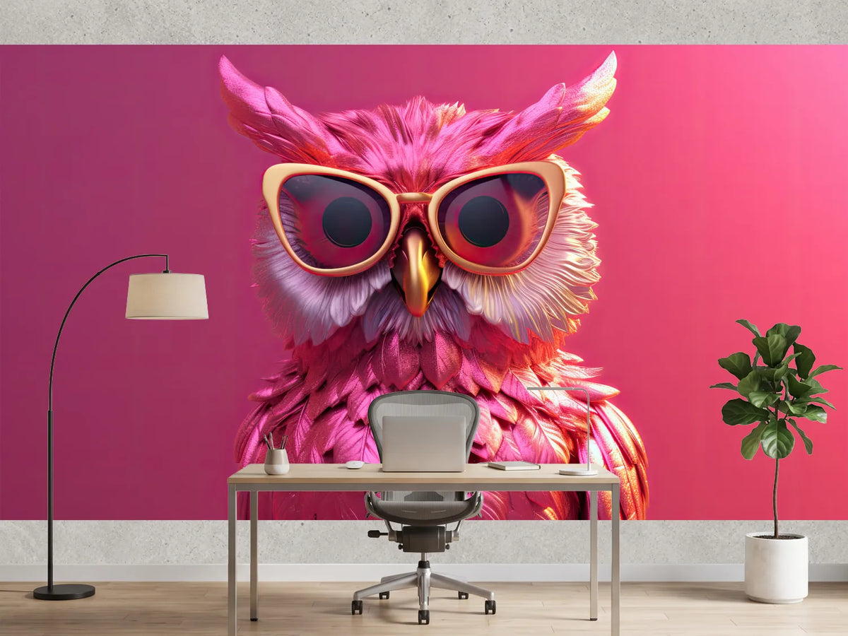 photo-wallpaper-pink-owl-in-golden-sunglasses-against-magenta