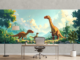 photo-wallpaper-friendly-dinosaurs-in-a-green-prehistoric-valley-gentle-illustration