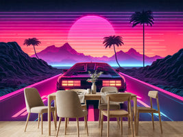 photo-wallpaper-sports-car-on-a-neon-highway-toward-a-retro-sun-with-glowing-palms