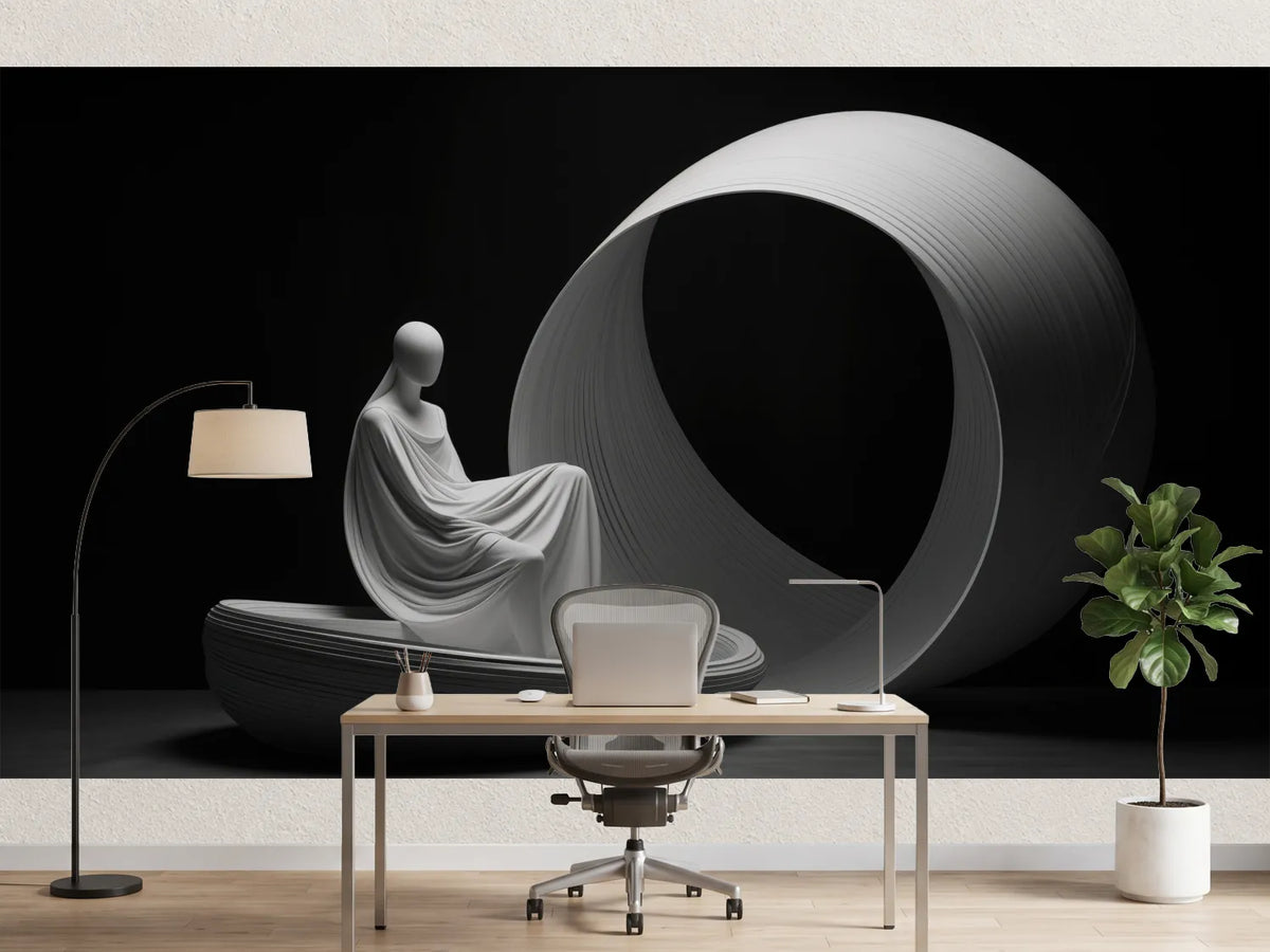 photo-wallpaper-white-draped-figure-in-a-boat-before-a-large-ring-in-black-and-white