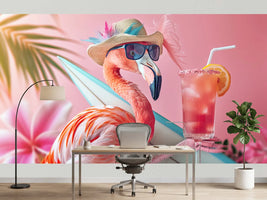 photo-wallpaper-flamingo-in-a-sun-hat-and-sunglasses-beside-a-cool-drink-in-pink