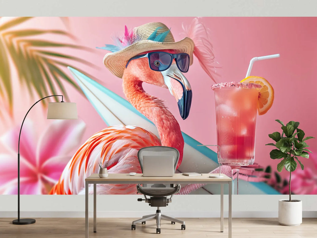 photo-wallpaper-flamingo-in-a-sun-hat-and-sunglasses-beside-a-cool-drink-in-pink