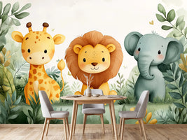photo-wallpaper-adorable-cartoon-animals-sitting-together-in-a-jungle-setting