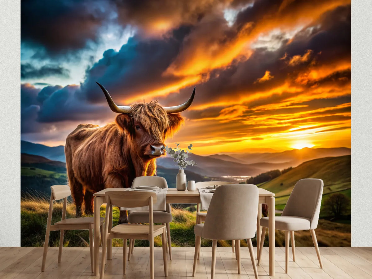photo-wallpaper-highland-cow-on-a-green-hillside-under-a-blazing-sunset-sky