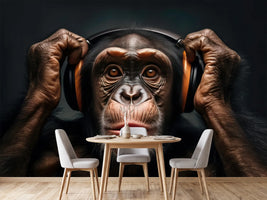 photo-wallpaper-chimpanzee-with-headphones-generative-ai
