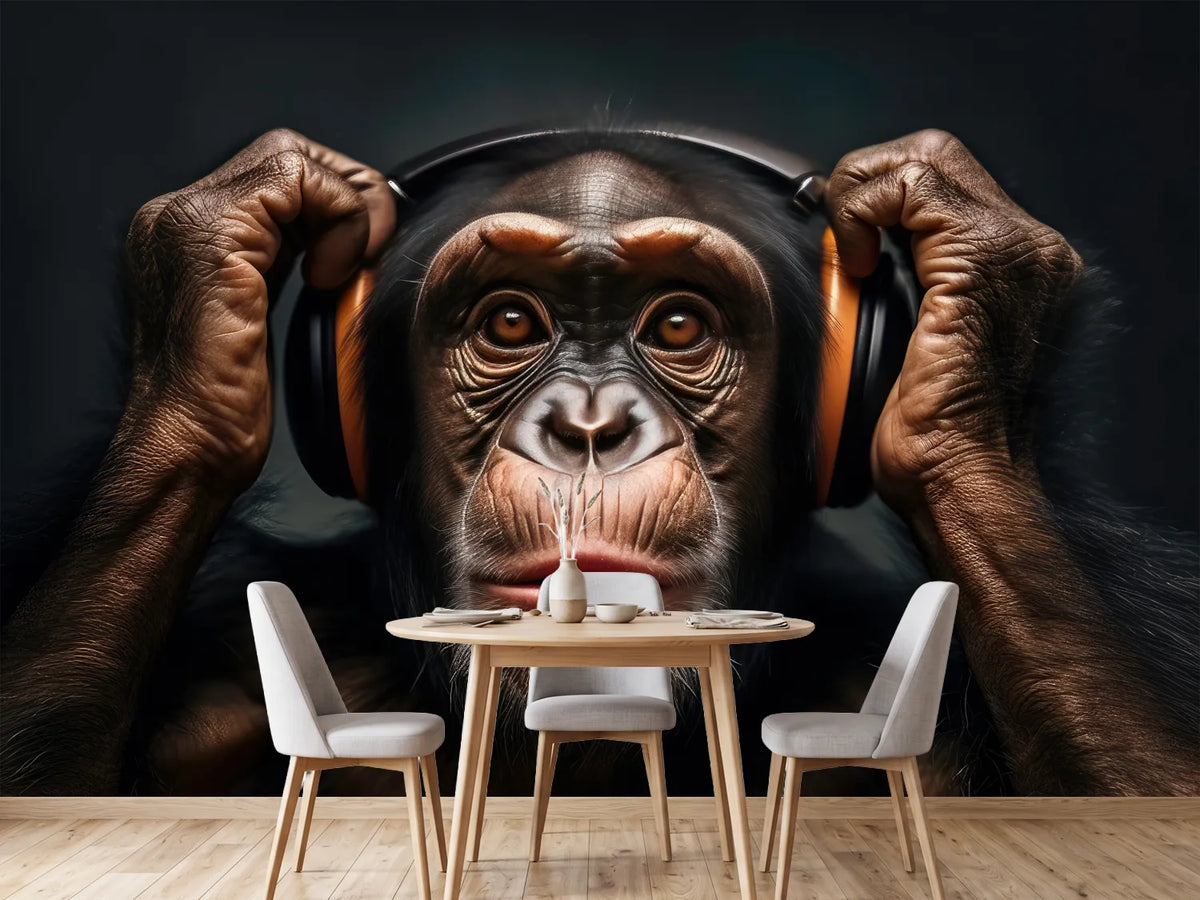 photo-wallpaper-chimpanzee-with-headphones-generative-ai