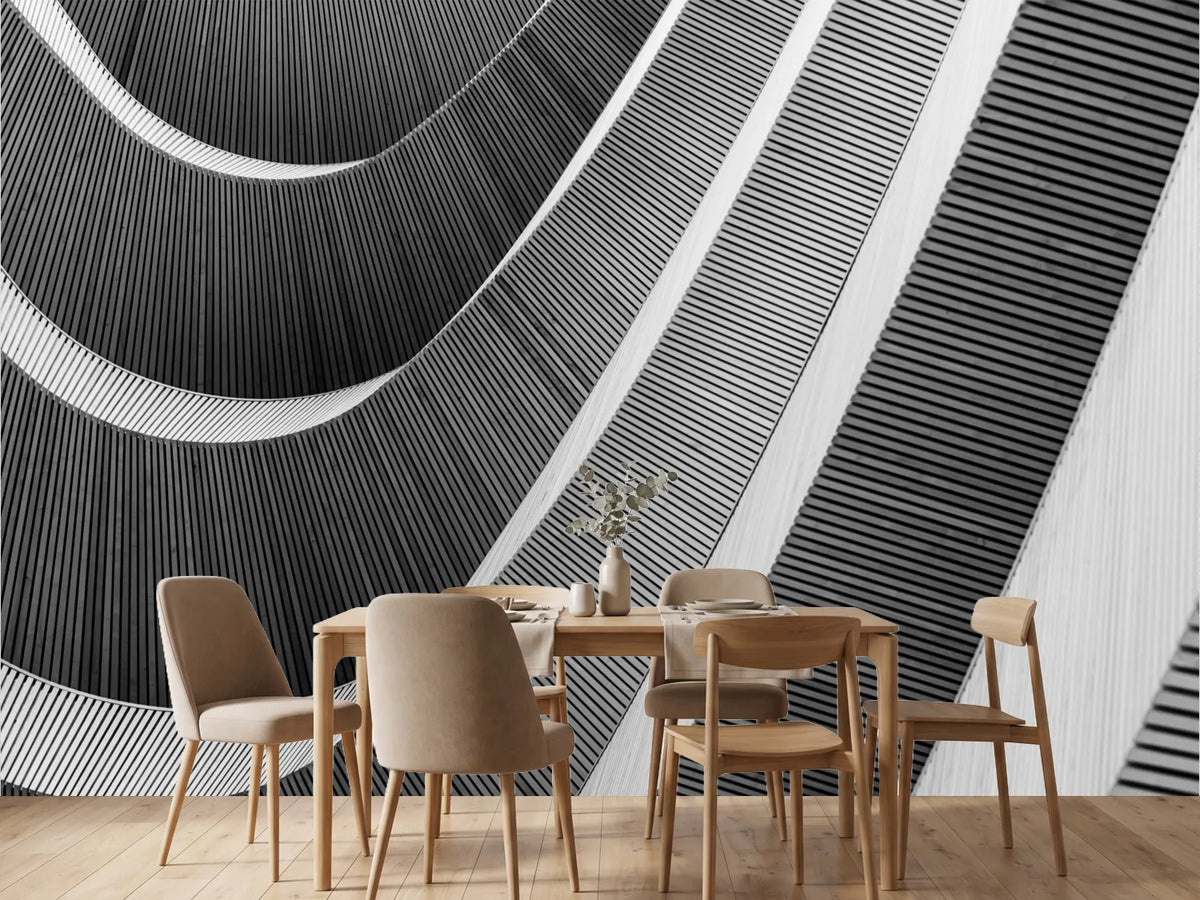 photo-wallpaper-curved-wooden-slats-sweeping-across-a-facade-in-black-and-white