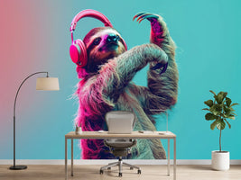 photo-wallpaper-dancing-sloth-with-pink-headphones-in-neon-light